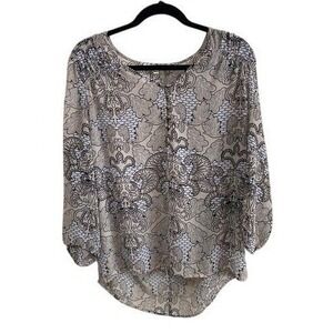 Black Rainn Sheer Paisley Floral Print Boho Chic Tunic Top Women's Size L